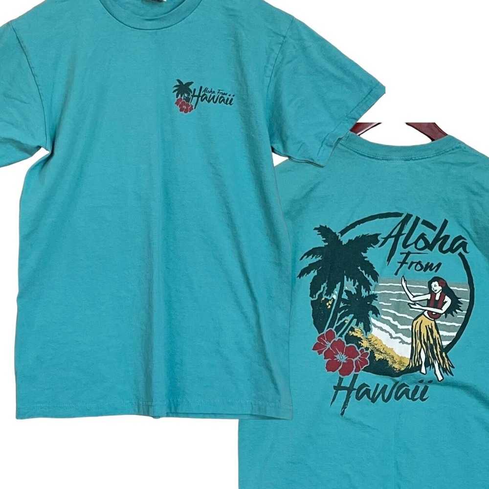Hawaii Tshirt Medium Turquoise Hula Girl Aloha Beach Palm Pool Vacation TeeShirt